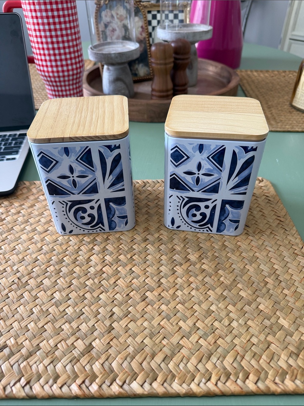 Ashland Blue and Wood Ceramic Salt and Pepper Canisters